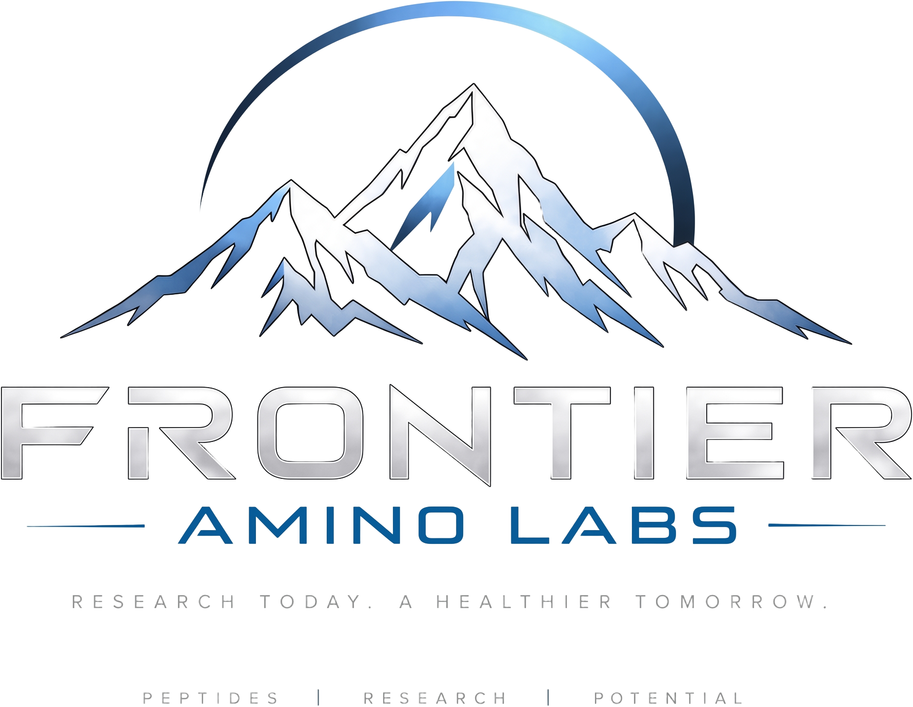 Frontier Amino Labs logo — mountain peak over the wordmark, Research Today. A Healthier Tomorrow.